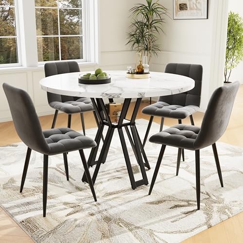 HaoChrymec Set de Comedor 5 Piezas con Mesa Redonda y 4 Sillas de Terciopelo, Mesa de MDF 100cm con Patas de Metal Negro, Sillas Cómodas y Modernas, para Cocina y Salón, Multicolor, 100x100x76cm
