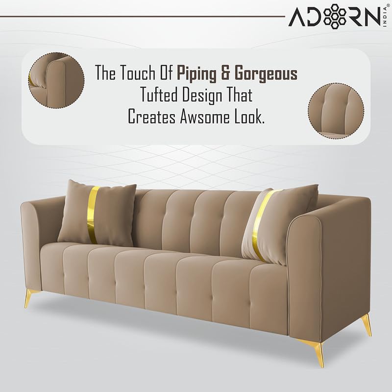 Image of Adorn India Premium Mystic - 3 Years Warranty - 3+1+1 Sofa Set Velvet Suede Fabric - Beige