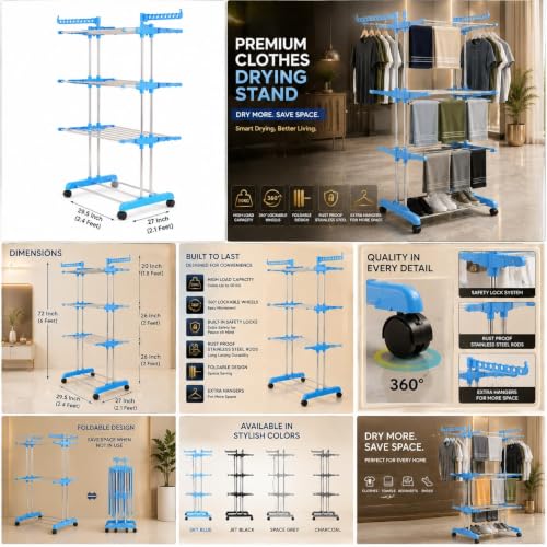 Image of TEKCOOL Foldable Cloth Drying Stand Stainless Steel - 3 Tier Heavy-Duty Clothes Dryer for Balcony, Indoor & Outdoor Use | with Wheels & Hanger Slots | Rust-Proof Laundry Rack (Grey, 3 TIRE)?,