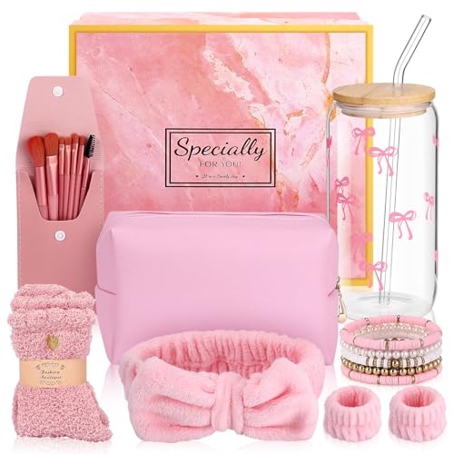 Geschenke für Mädchen 9 10 11 12 13 14 15 16 Jahre Geschenkideen Geschenkset Geburtstag Valentinstag Geschen Mädchen Glasbecher mit Strohhalm und Deckel Kosmetiktasche Haarband Socken Socke
