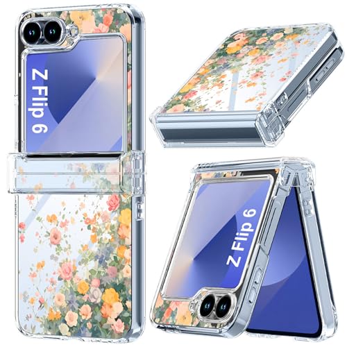FCSWEET for Samsung Galaxy Z Flip 6 Case with Hinge Protection,Clear Floral Shockproof Protective Hard PC Non-Slip Women Phone Case for Z Flip6 - Rose Colorful