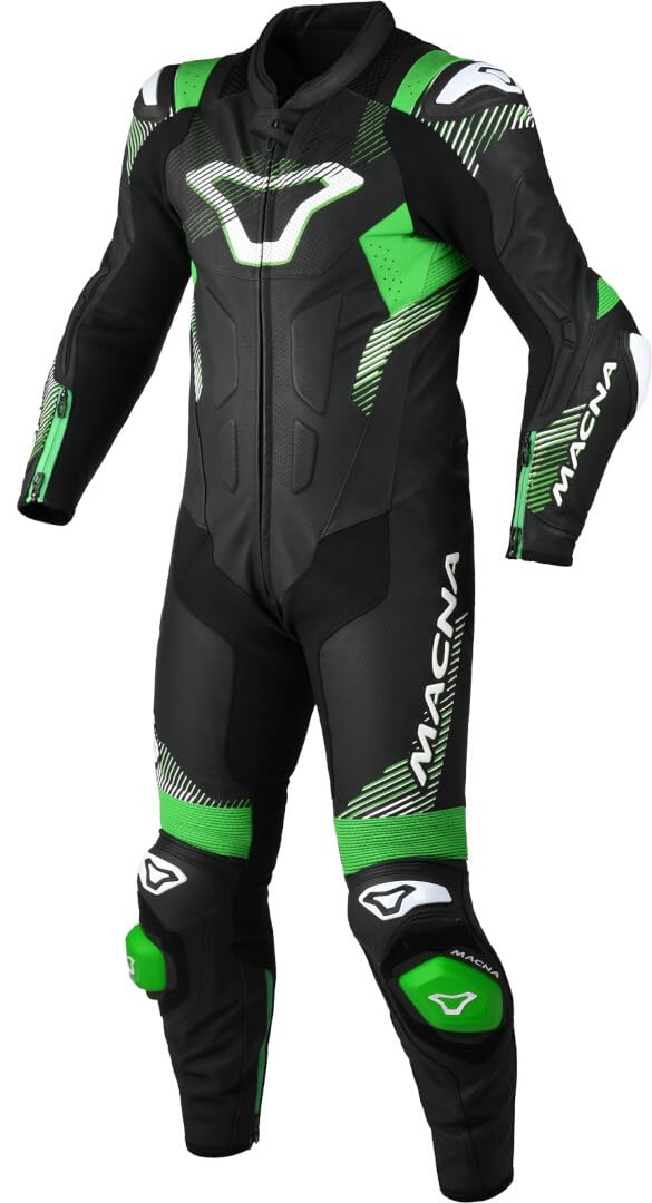 Macna Men's Black/White/Green Armadyl Perforated One Piece Motorcycle Leather Suit
