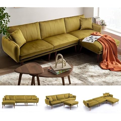 JOMEED 105" Velvet Sectional Sofa Couch for Living Room with Chaise, Modern Convertible L-Shaped Couch Sofa Bed with Adjustable Backrest Cover