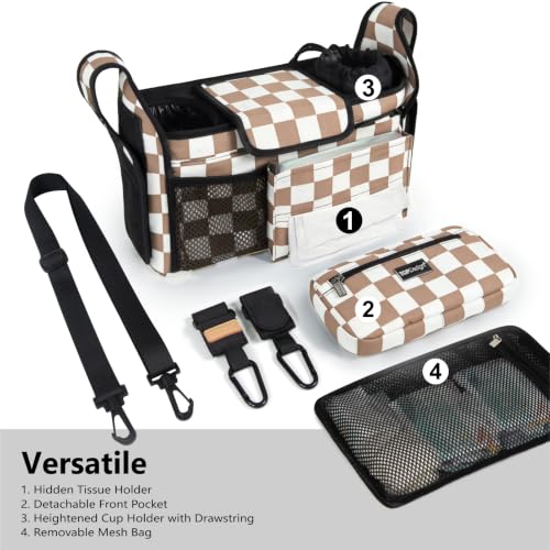 Image of TOPDesign Universal Baby Stroller Organizer, Stroller Caddy with Detachable Mesh Bag & Heightened Insulated Cup Holders & Non-Slip Secure Hooks Accessories, Fits Most Strollers (Khaki Checkered)