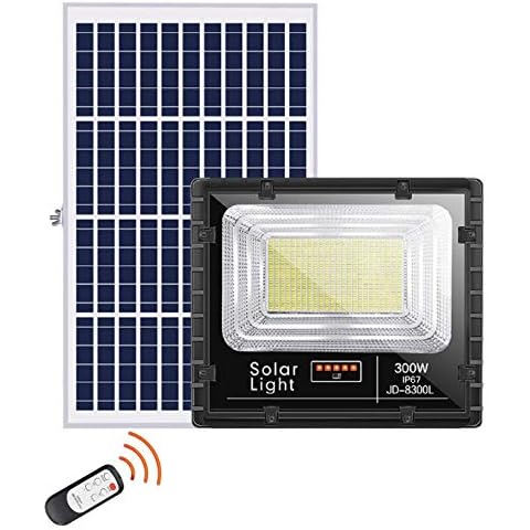 Solar Powered Flood Lights Aluminum Outdoor IP67 Waterproof Dusk to Dawn Solar Powered Street Light with Remote Security Light for Yard Garden Pathway Farm Ball Court (300W) Cover