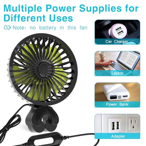 Image of Dealswin USB Car Seat Fan for Backseat Protable Car Cooling Fans for Baby Kids, 3 Speeds and 360 Degree Rotatable for Sedan, SUV, RV, Van Black