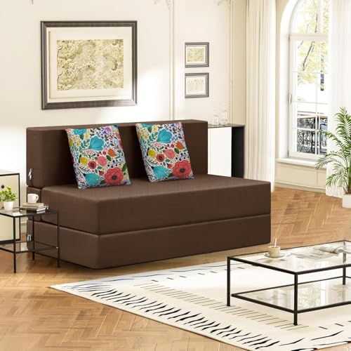 Image of Rosebell-4x6-Feet Modern Sofa Bed, Space-Saving Folding Couch with Jute Fabric, Dual Floral Accent Cushions, Compact Sleeper Sofa for Living Room, Guest Room & Small Apartments-Brown