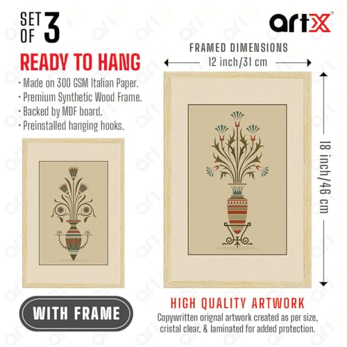 Image of ArtX Paper Vintage Paintings with Frame for Home Decor Wall Art, Wall Painting for Living Room, Multicolor, Natural Wood Color Frames, 12.0x18.0 inch, Set of 3