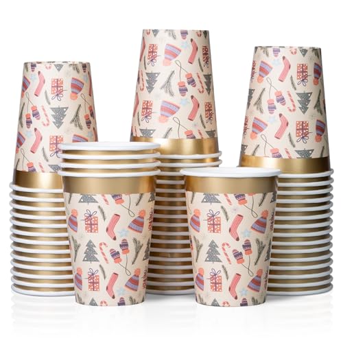 Disposable Paper Coffee Cups Bulk 50-Pack Christmas Party Supplies Treat Cups 12 oz Hot and Cold for Restaurants and Parties Christmas Items Gold Foil