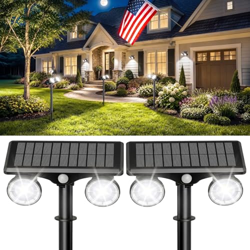 POOWUUDT Solar Spot Lights Outdoor Waterproof 2Pack,2 Modes Motion Sensor Landscape Lighting for Outside Yard Garden Pathway,2-in-1 Wall&Spot LED Lights with 360° Adjustable Dual Heads(Cool White)