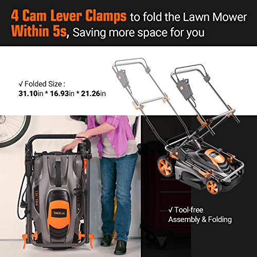 TACKLIFE Corded Electric Lawn Mower 13 Amp, 16 Inch Lawn Mower, 5 Cutting Heights, Vertical Storage, Tool-Free Assembly, Quick Folding