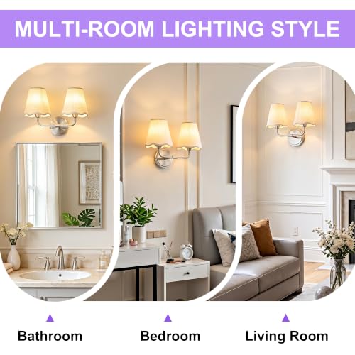 Image of Bathroom Light Fixtures 14 inch Vanity Light 2-Light Brushed Nickel | Farmhouse Bathroom Lights, Beige Wavy Fabric Shade, Dimmable Vanity Lighting Fixtures for Mirror Bedroom Living Room Hallway