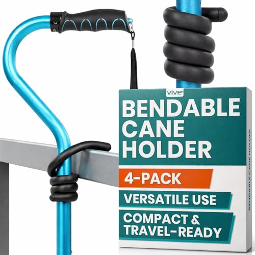Vive Bendable Cane Holder 4 Pack - Flexible Walking Stick Stand for Table - Fixation Grabber Hook Attaches on Walker, Rollator, Mobility Scooter, Wheelchair-Accessory to Hang & Hold Items Within Reach