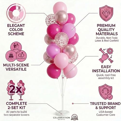Image of Balloon Column Kit Set of 2 With Balloons Included - Balloon Tower with Stand, Base, and Pole,Backdrop Decoration for Wedding, Baby Shower, Birthday Party (3xMetallic Light Pink)