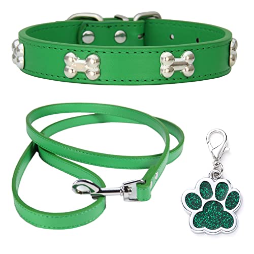 HALFSUMO Leather Dog Collar Dog Collar Combo Set Dog Collars Adjustable Puppy Collar for Small Medium Dogs Cats Green S
