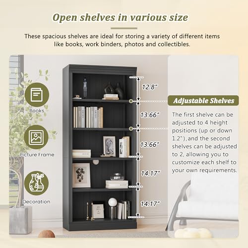Image of 5-Shelf Bookcase with Light Strip, Bookshelves Floor Standing Display Storage Shelves 83.4 in Tall Bookcase Home Decor Furniture for Home Office, Living Room, Bed Room - Black