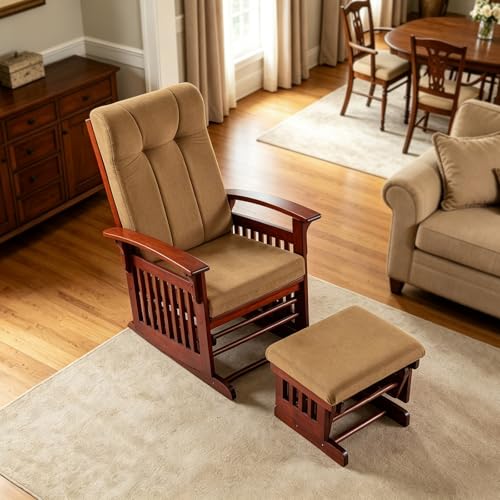 Image of Solid Wood Glider Rocking Chair & Ottoman Set, Perfect for Nursery & Nursing, Padded Cushion with Smooth Rocking Motion, Rustic Finish for Living Room Napping and Reading,Dark Brownish
