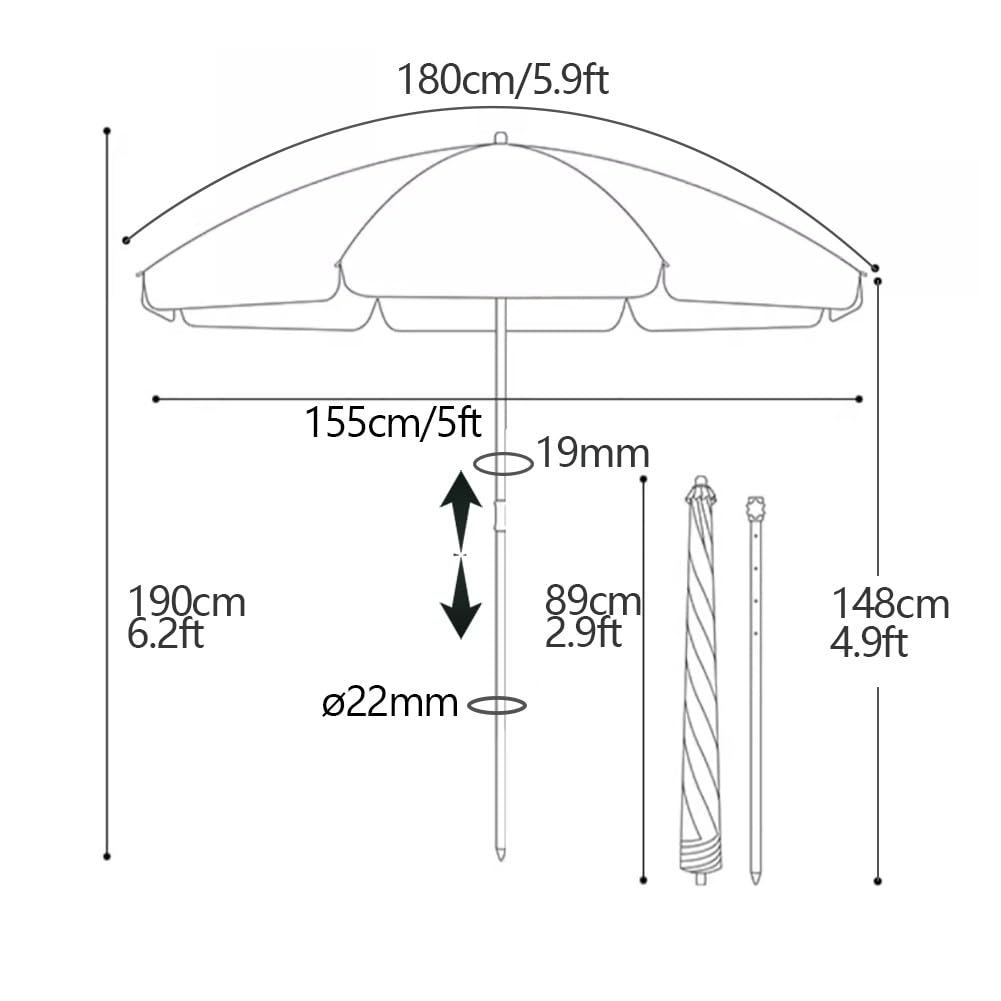 Parasol plażowy chroniący przed promieniowaniem UV: 1,8 m 2,1 m przenośny okrągły parasol ogrodowy na zewnątrz z 8 żebrami i regulacją wysokości