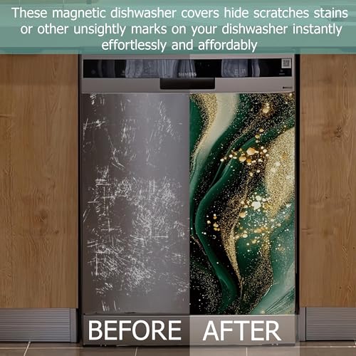 Image of Green Marble Dishwasher Magnets Decorative Cover,Gold Glitter Waterproof Magnetic Dishwasher Cover Panel,Refrigerator Magnet Cover for Kitchen Home Decor 23x26 Inch