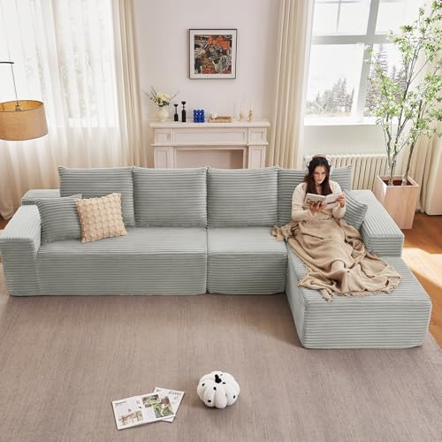 Image of 135 inch Cloud Sectional Couch with L-Shape Chaise, Modern Modular Comfy Sofa Chaise Longue, Upholstered Corduroy Couches Sleeper with Deep Seat for Living Room Bedroom, No Assembly Required, Grey