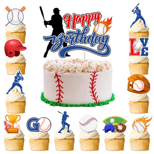 Décoration Gâteau Baseball, 1pcs Topper Gâteau Thème Baseball/Figurines Décoratives Baseball pour Gâteaux + 24pcs Décoration Cupcakes Baseball