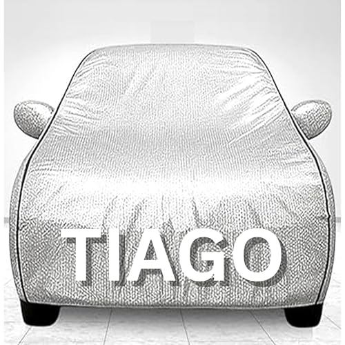 Image of 100% Waterproof Car Cover for Tiago UV Protection, Dustproof, Windproof | Custom Fit with Mirror Pockets, Belt & Buckle | All Weather Outdoor Body Cover (Silver, Tiago)