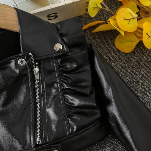Toddler Girls Faux Leather Motorcycle Jacket Cute Ruffle Spring Fall PU Coat and Hat 2 to 7 Years Top Runaways Black4