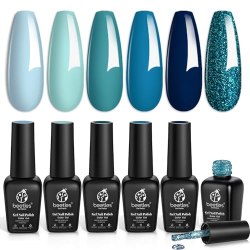 Beetles Gel Nail Polish Set 6Pcs: Blue Green Dark Blue Glitter Teal Navy Teal Jewel Tones Sparkle Gel Nail Kit Soak Off UV DIY Manicure Gift for Girls Women
