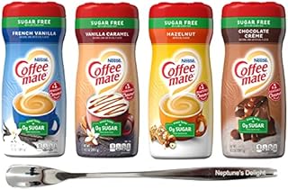 Coffee mate Sugar Free Powdered Creamer 4 Flavor Variety, French Vanilla, Chocolate Crème, Hazelnut, Vanilla Caramel with Neptune's Delight Stainless Steel Stirrer
