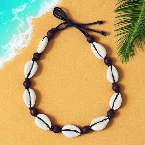 BlueRica Cowrie Shells on Black Cord Choker Necklace with Dark Brown Wood Beads2