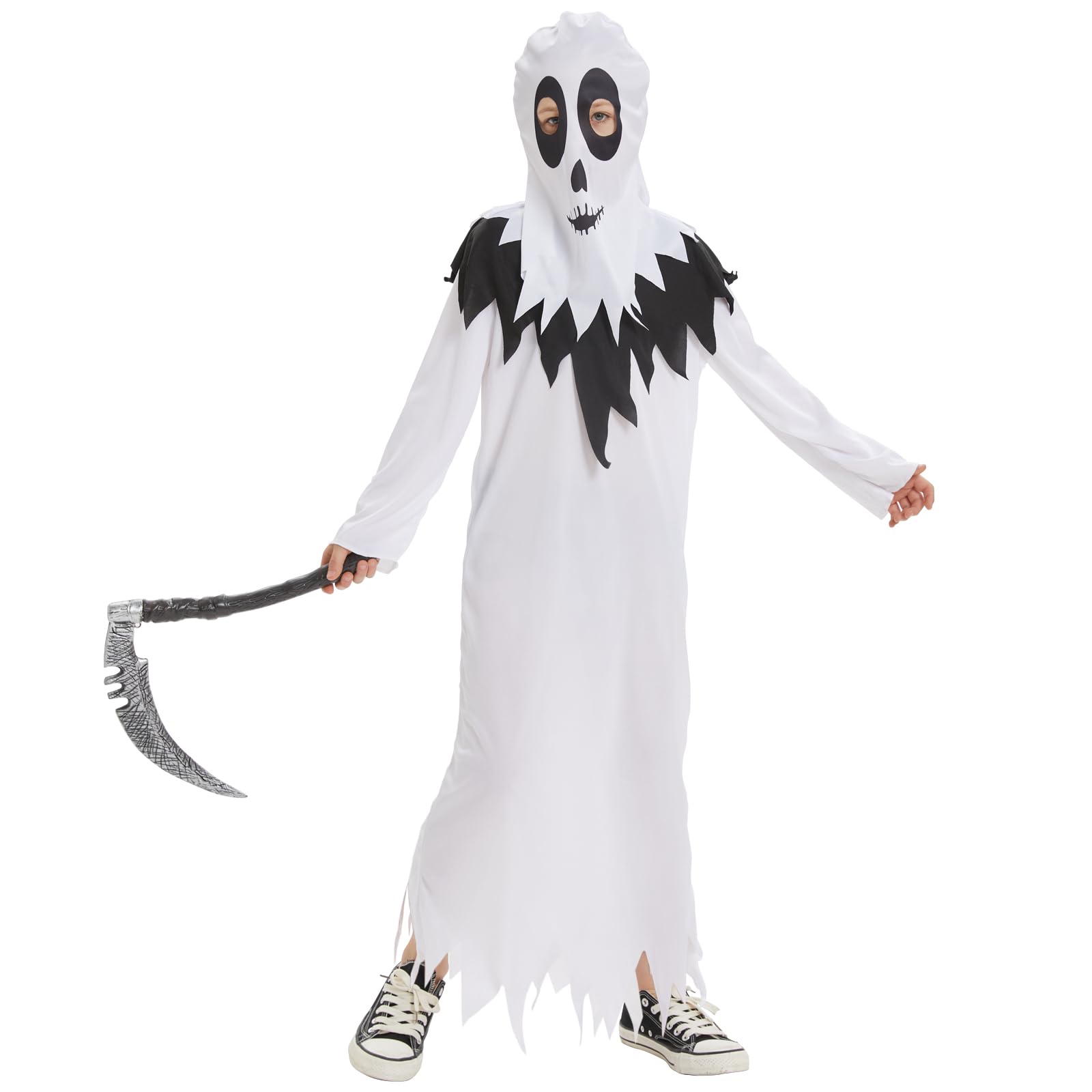 Herenear Ghost Costume Children, Ghost Halloween Costume with Sickle, White Ghost Cape Costume, Ghost Costume, Sweet or Treat, Ghost Costume Children for Carnival
