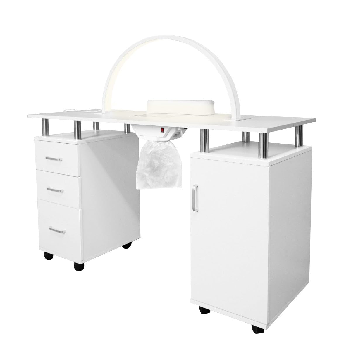 Mesa Manicura Profesional c/Colector de Polvo y Ruedas + Lámpara de Mesa Media luna LED 50 W | Regulable 3000-6000K | Soporte teléfono | Almohadillas para fijar | Pestañas, Uñas, Tatuajes, Estética