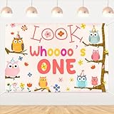 Balterever Owl 1st Birthday Party Decorations for Girls Look Whoo's Turning One Pink Owl Backdrop Banner Woodland Animals 1st Birthday Party Supplies for Photography Background