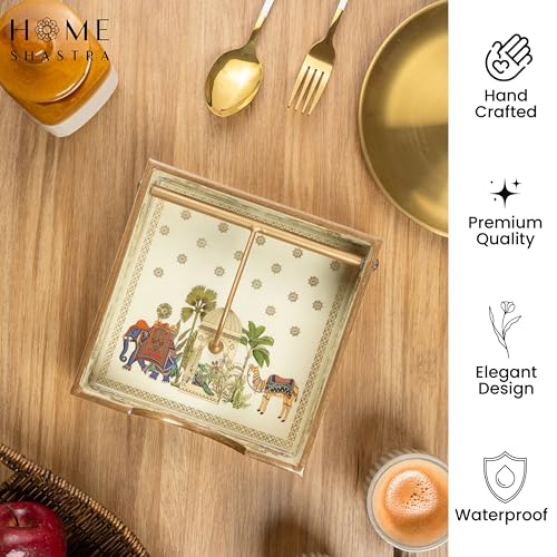 Image of Wooden Napkin Holder with Gold Engraving | Pack of 1 | Size : 7.5 x 7.5 inch | Enamel Coated Waterproof | Tissue Holder for Dining Table | (Royal Camel Napkin Holder)