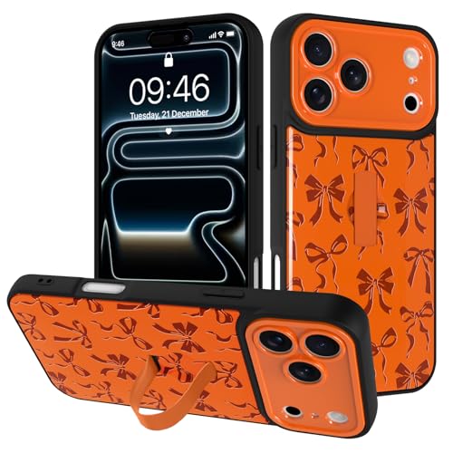 Image of for iPhone 17 Pro Max Case with Finger Strap Holder, Cute Cool Bowknot Bow Tie Print Pattern Design for Women Men, Shockproof Anti Scratch Hand Kickstand Protective Cover, Orange