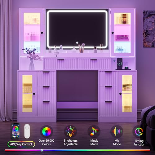 Image of Fluted Makeup Vanity Desk with Mirror and Lights, 55 inch Glass Top Vanity with 8 Drawers & 4 RGB Glass Cabinets, Adjustable Shelves & Power Outlet, Modern Dressing Table Set for Women Girls Bedroom
