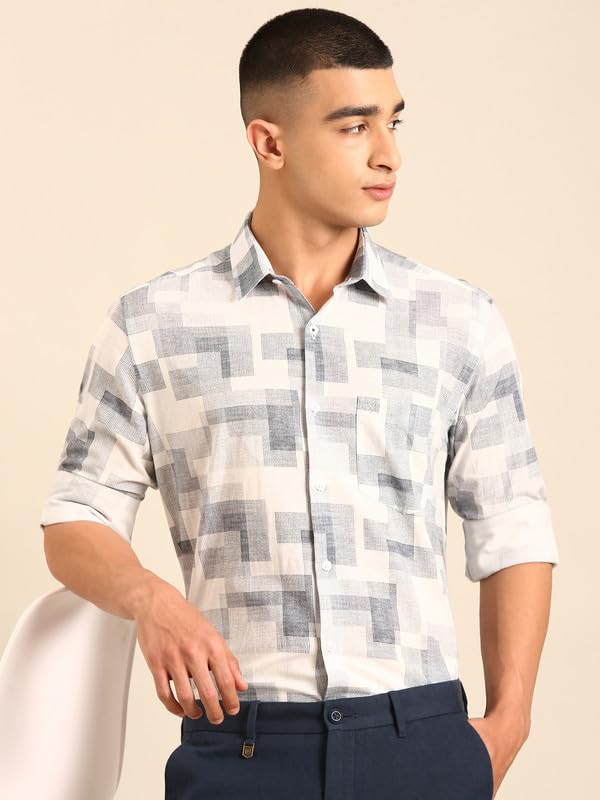 Image of Cavallo by Linen Club Men's Blended Linen Red Printed Contemporary Fit Full Sleeve Casual Shirt