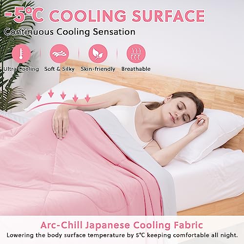 HOMFINE Cooling Comforter Japanese Double-Sided Cold Tech Fabric Cooling Blanket for Night Sweats Hot Sleepers, Q-Max 0.45 Soft Breathable Silky Smooth Lightweight Pink Summer Comforter King