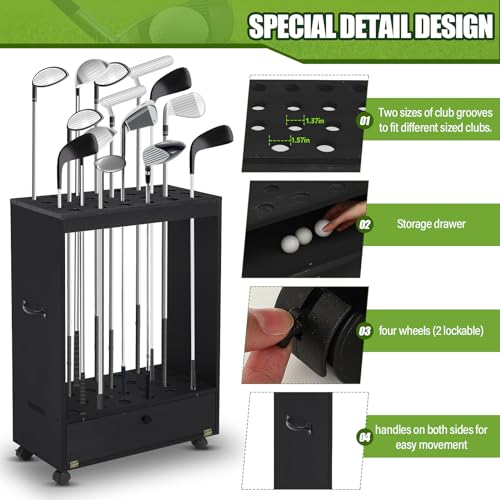 Silipull-Wooden-Golf-Club-Stand-Holder-Golf-Club-Ball-Organizer-Rack-with-Storage-Drawer-and-Wheel-for-Home-Office-Garage-Simulator-or-Indoor-Display-Areas