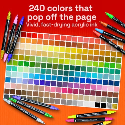 Image of ARTISTRO 240 Precision Dual-Tip Acrylic Paint Markers - Paint Pens Set with Dot & Fine Tips for Fabric, Rock, Glass, Wood, Coloring Books - Arts & Crafts Gift - Classroom Must Haves & School Supplies