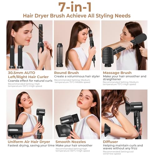 Image of Hair Dryer Brush 7 in ONE, Brush Blow Dryer with Diffuser,Powerful Blow Dryer Brush with Air Curler for Hair,Ionic Hot Air Brush Fast Dry, Volumize, Curls, Straight, Hair Styling Tools 100-120V