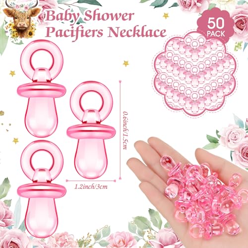 Image of Thyle 51 Pcs Highland Cow Pacifier Hunt Baby Shower Games for Girls Include Hunt Sign and 50 Acrylic Pacifiers Boho Pink Floral Baby Shower Game Decoration Gift Sets for Gender Reveal Party Decor