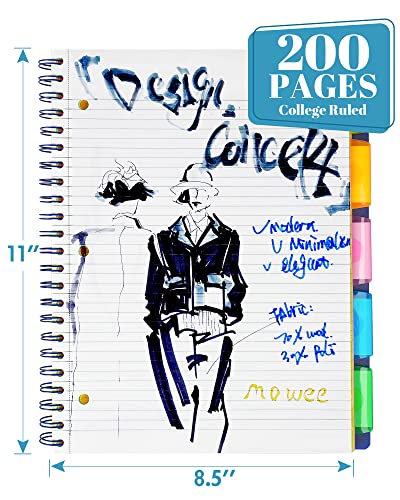 Image of Spiral Notebook - 5 Subject Notebook, College Ruled Notebook With Dividers Pocket, Tabs Label, 11 inch Ruler, 200 Pages, for Writing Journal, Home & Office, School Supplies, 8.5''x11''Blue | 200 Pages, 11 inch Ruler, 8.5 inchx11 inch Blue, Pocket Dividers with Tab Labels, for Writing Journal, Home, Office & School Supplies