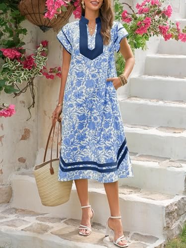 Image of Wenrine Womens Summer Floral Maxi Dress Casual Short Cap Sleeve V Neck Color Block Side Slit Loose Boho Beach Dresses