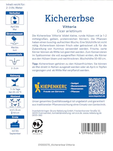 Kiepenkerl Kichererbsensamen Vittoria 1000070 – eiweißreiche Hülsenfrucht, unkompliziertes Saatgut für Garten & Küche, vielseitig verwendbar