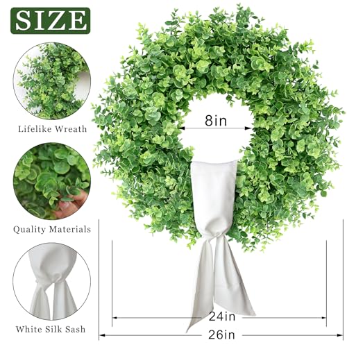 Image of 26 inch Artificial Eucalyptus Wreath with Sash for Front Door Decor(Green) | Faux Large Greenery, UV-resistant, for Porch /Window /Wall /Farmhouse /Home /Outdoor /Spring /Summer /All Seasons Decor