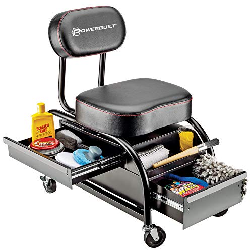 Image of Powerbuilt Professional Car Detailers Mechanics Roller Seat, Heavy Duty Garage Stool with Thick Padded Seat and Backrest, 2 Sliding Storage Drawers, Tool Tray, Can Holders, 3in. Swivel Casters-240299