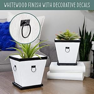 Farmhouse resin planters with saucers 2 pack retro tudor style white with black trim 15 quart square planters and trays  urban country home decor