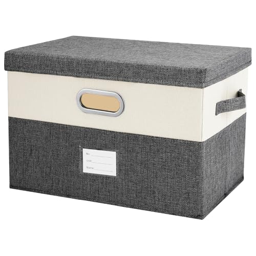Image of Large Linen Fabric Foldable Storage Bins with Removable Lid and Handles, Washable Storage Box Organizer Containers Baskets Cube with Cover for Bedroom,Closet,Office,Nursery(Grey&Cream, Large)