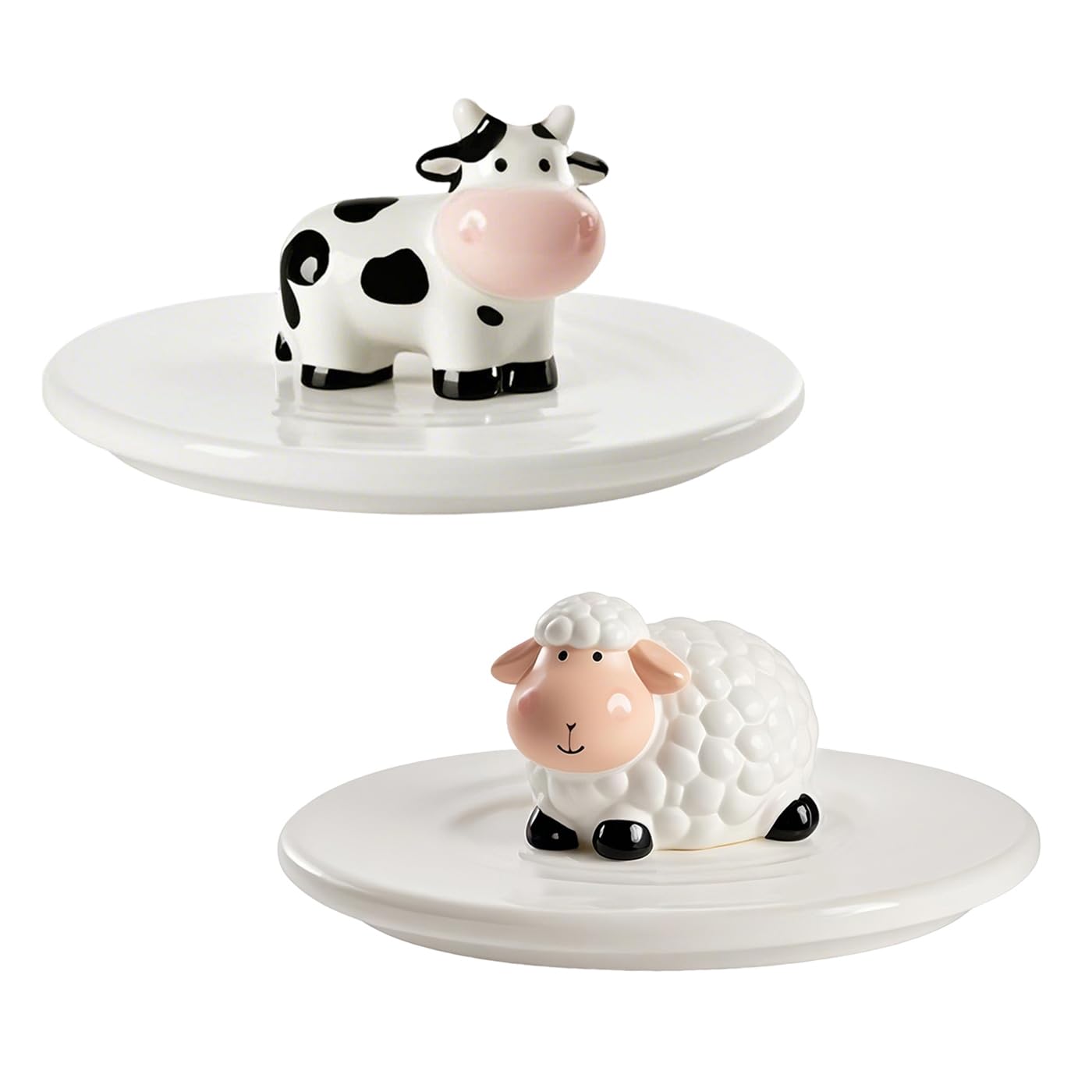 Sizikato 2pcs Porcelain Mug Lid, 4 Inch Ceramic Cup Lid, Cute Cow and Sheep Statues